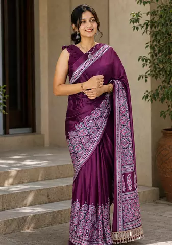 Dark Purple Color Printed And Mirror Work Silkm Blend Saree