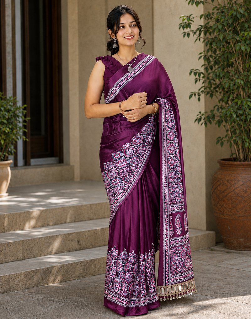 Dark Purple Color Printed And Mirror Work Silkm Blend Saree