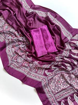 Dark Purple Color Printed And Mirror Work Silkm Blend Saree 2