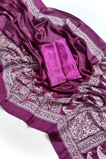 Dark Purple Color Printed And Mirror Work Silkm Blend Saree