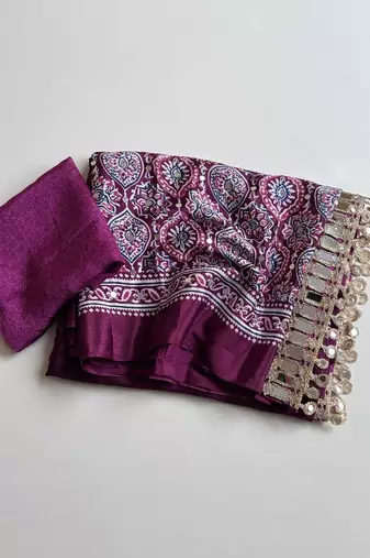 Dark Purple Color Printed And Mirror Work Silkm Blend Saree