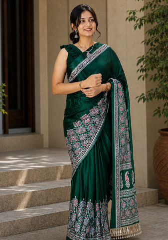 Green Color Printed And Mirror Work Silkm Blend Saree