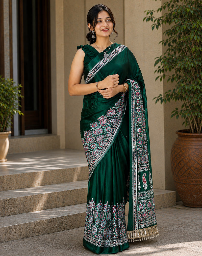 Green Color Printed And Mirror Work Silkm Blend Saree