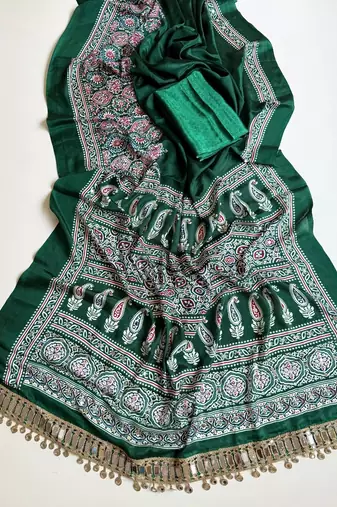Green Color Printed And Mirror Work Silkm Blend Saree