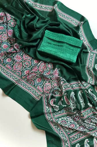 Green Color Printed And Mirror Work Silkm Blend Saree