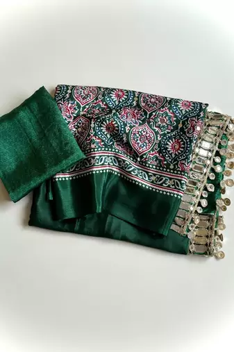 Green Color Printed And Mirror Work Silkm Blend Saree