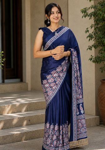Nevy Blue Color Printed And Mirror Work Silkm Blend Saree