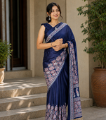 Nevy Blue Color Printed And Mirror Work Silkm Blend Saree