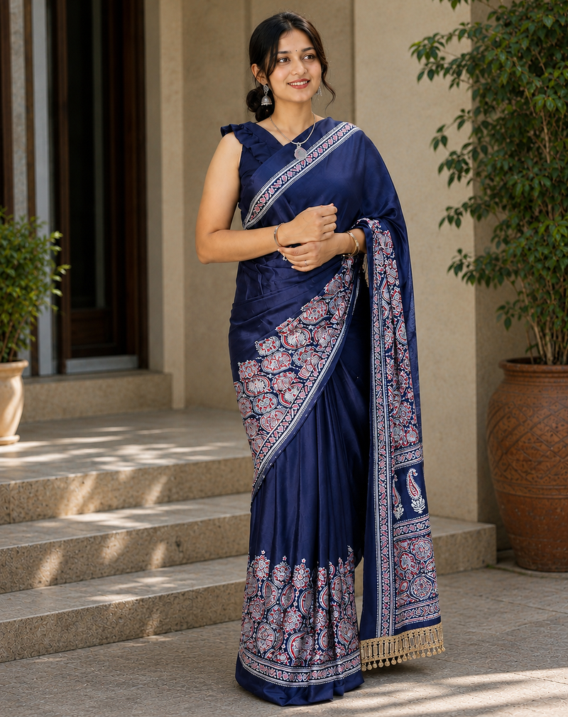 Nevy Blue Color Printed And Mirror Work Silkm Blend Saree
