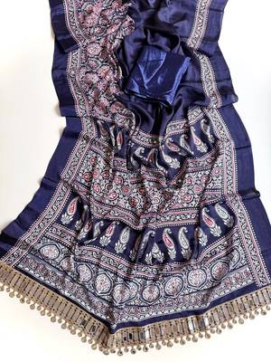Nevy Blue Color Printed And Mirror Work Silkm Blend Saree 2