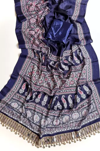 Nevy Blue Color Printed And Mirror Work Silkm Blend Saree