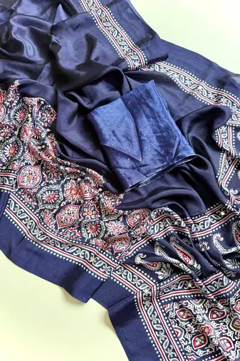 Nevy Blue Color Printed And Mirror Work Silkm Blend Saree