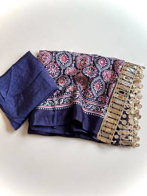 Nevy Blue Color Printed And Mirror Work Silkm Blend Saree 4