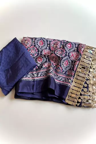 Nevy Blue Color Printed And Mirror Work Silkm Blend Saree
