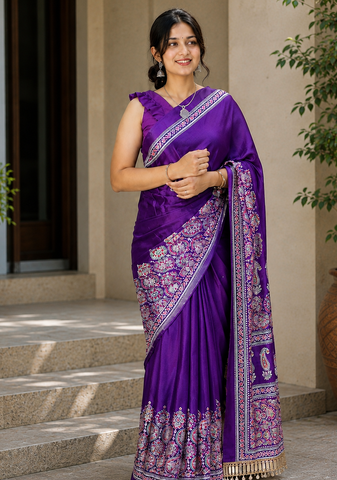 Purple Color Printed And Mirror Work Silkm Blend Saree