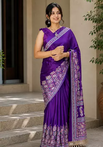 Purple Color Printed And Mirror Work Silkm Blend Saree