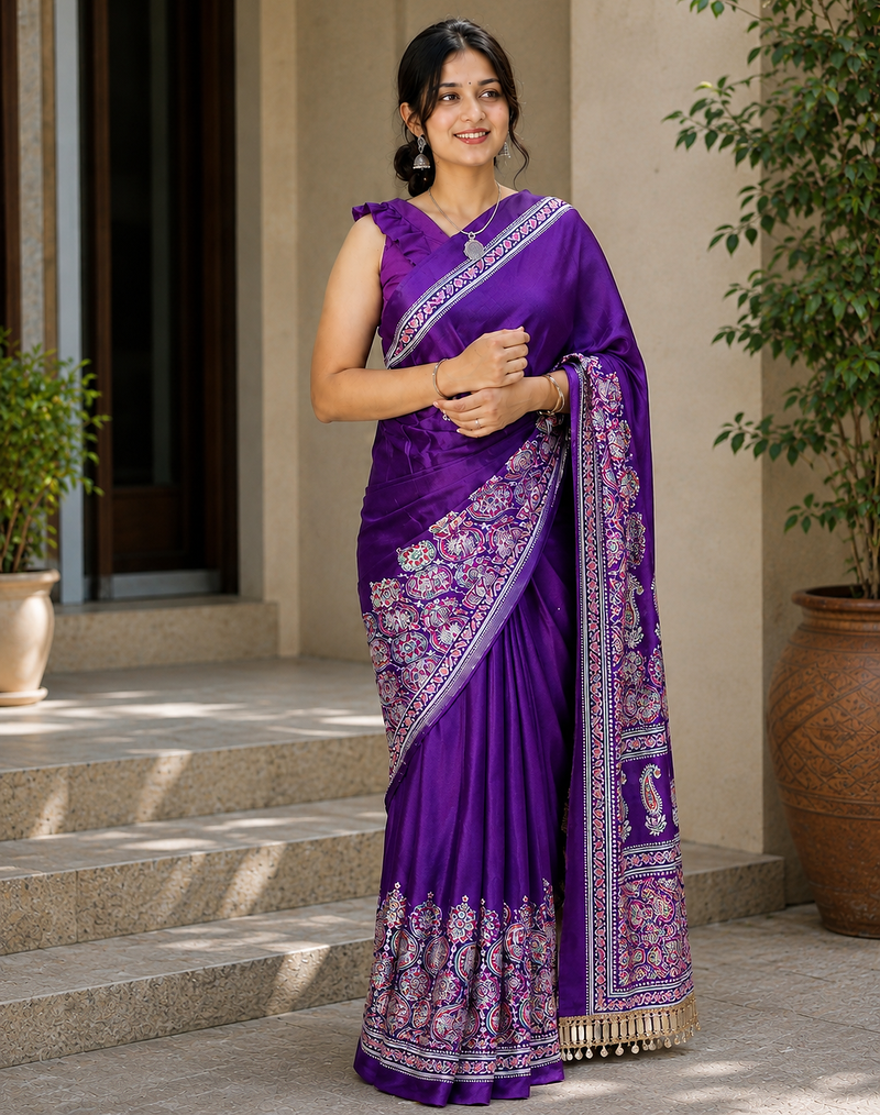 Purple Color Printed And Mirror Work Silkm Blend Saree