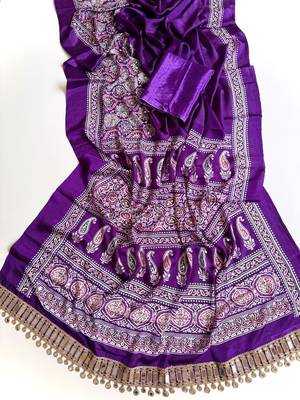 Purple Color Printed And Mirror Work Silkm Blend Saree 2