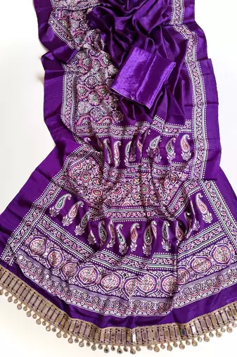 Purple Color Printed And Mirror Work Silkm Blend Saree