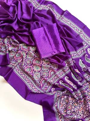 Purple Color Printed And Mirror Work Silkm Blend Saree 3
