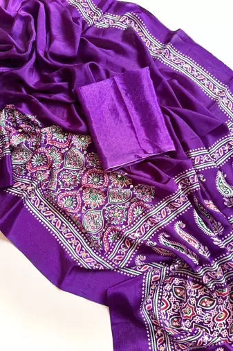 Purple Color Printed And Mirror Work Silkm Blend Saree