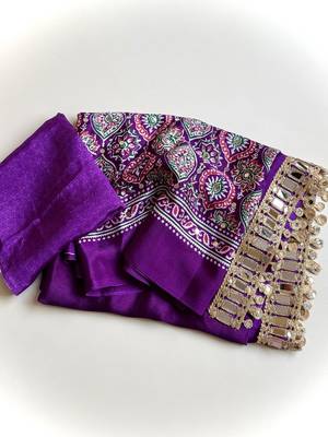 Purple Color Printed And Mirror Work Silkm Blend Saree 4