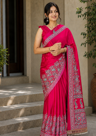 Rani Pink Color Printed And Mirror Work Silkm Blend Saree