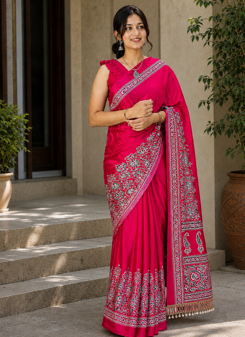 Rani Pink Color Printed And Mirror Work Silkm Blend Saree