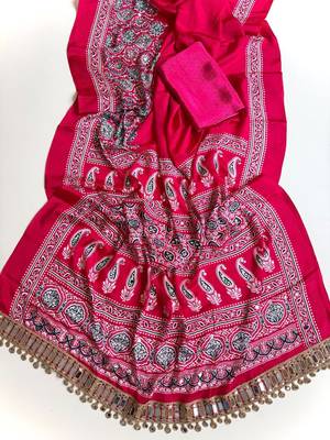 Rani Pink Color Printed And Mirror Work Silkm Blend Saree 2