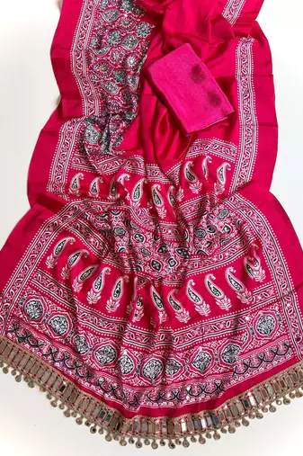 Rani Pink Color Printed And Mirror Work Silkm Blend Saree