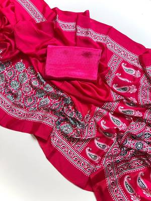 Rani Pink Color Printed And Mirror Work Silkm Blend Saree 3