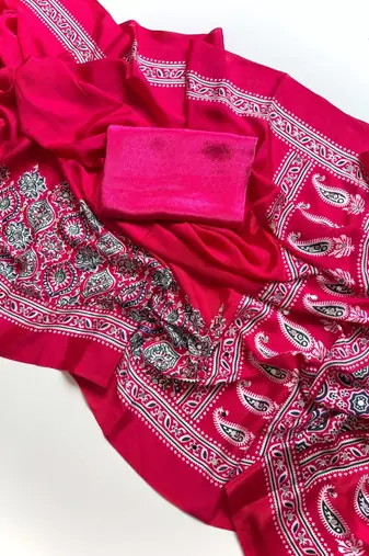 Rani Pink Color Printed And Mirror Work Silkm Blend Saree