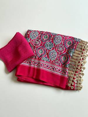Rani Pink Color Printed And Mirror Work Silkm Blend Saree 4