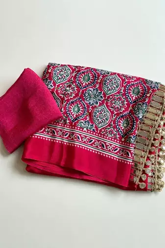 Rani Pink Color Printed And Mirror Work Silkm Blend Saree