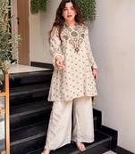 Women's cream crepe straight kurta set with palazzo