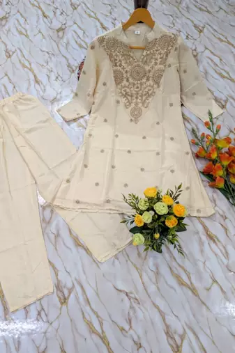 Women's cream crepe straight kurta set with palazzo