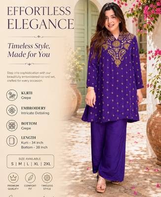 Women's purple crepe straight kurta set with palazzo 2
