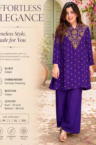 Women's purple crepe straight kurta set with palazzo