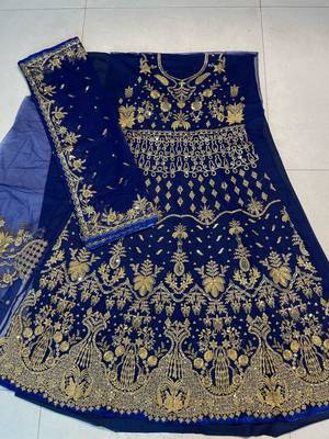 Navy net semi stitched anarkali suit with embroidery & stone work 2
