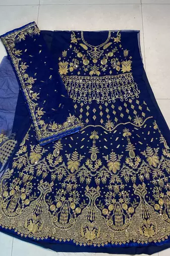 Navy net semi stitched anarkali suit with embroidery & stone work