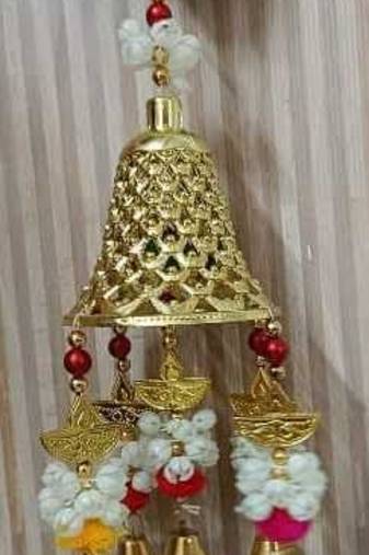 big bell hanging with pom pom with gajra beads for home room hanging decoration (pack of 2)
