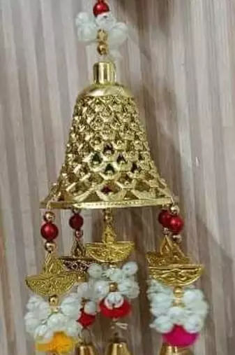 big bell hanging with pom pom with gajra beads for home room hanging decoration (pack of 2)