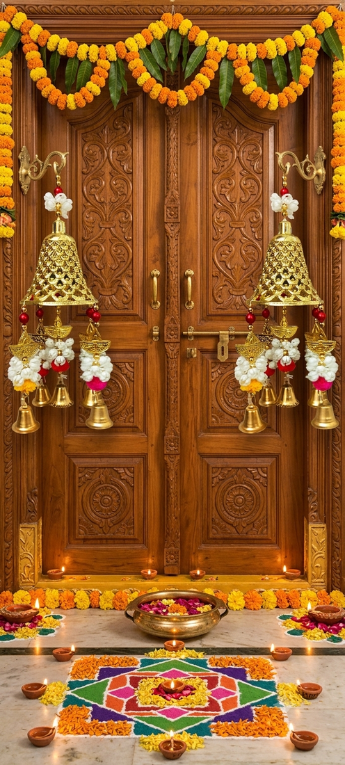 big bell hanging with pom pom with gajra beads for home room hanging decoration (pack of 2)