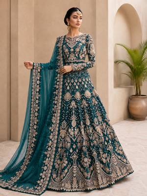 Teal net semi stitched anarkali suit with embroidery & stone work 2