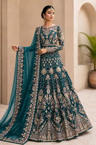 Teal net semi stitched anarkali suit with embroidery & stone work