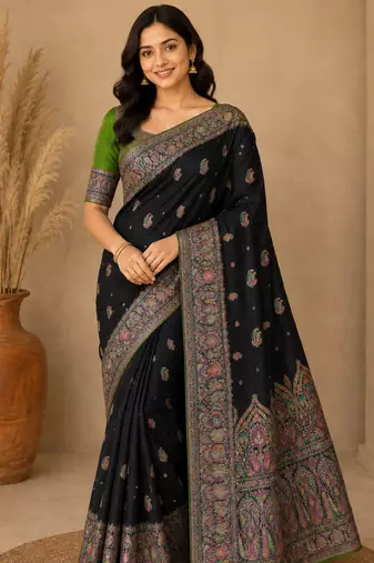 Black Color Zari Weaving Work Silk Blend Saree