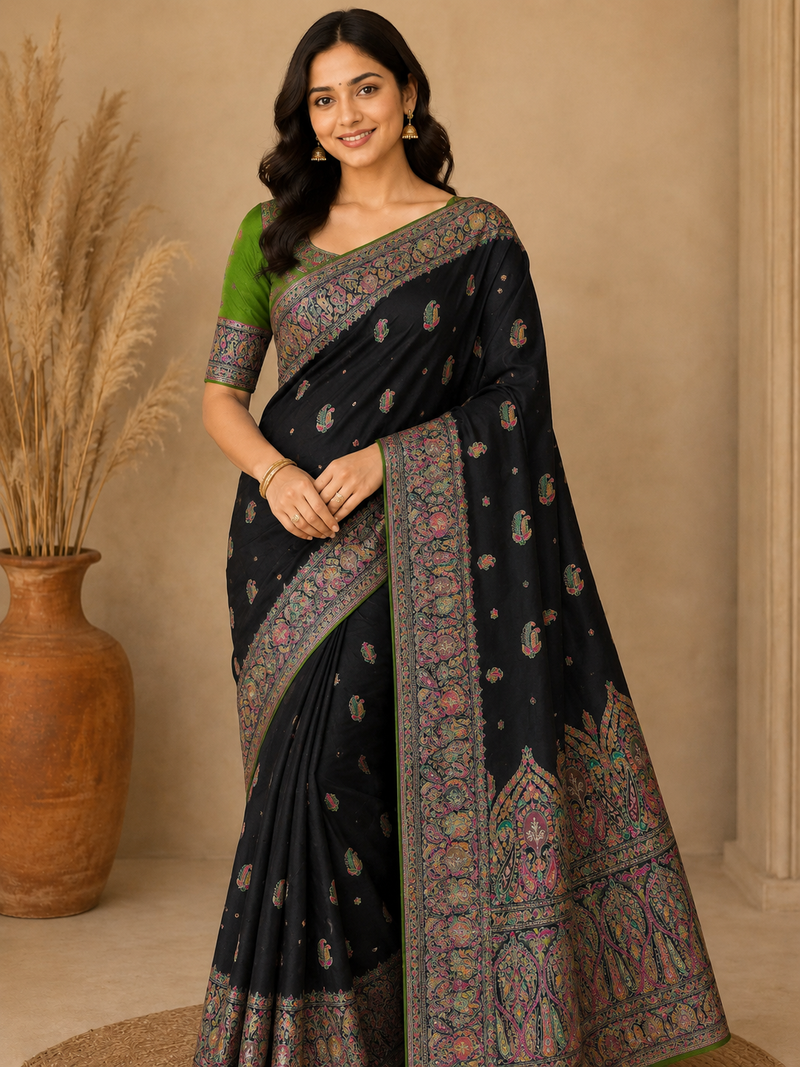 Black Color Zari Weaving Work Silk Blend Saree