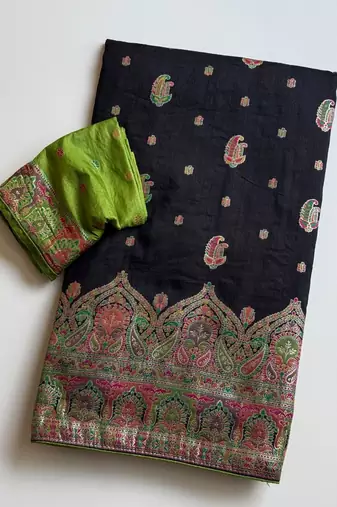 Black Color Zari Weaving Work Silk Blend Saree