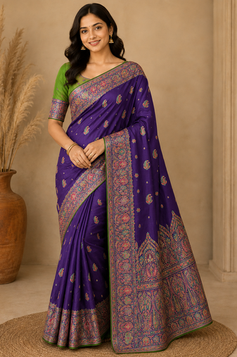 Purple Color Zari Weaving Work Silk Blend Saree