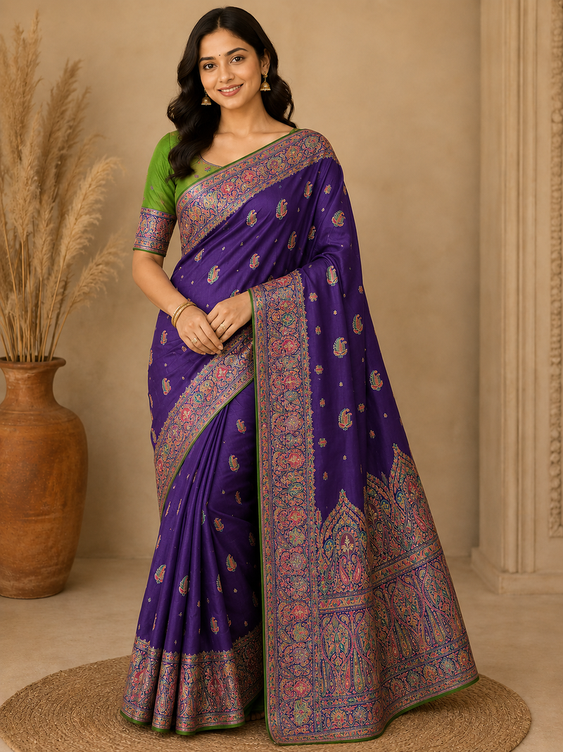 Purple Color Zari Weaving Work Silk Blend Saree
